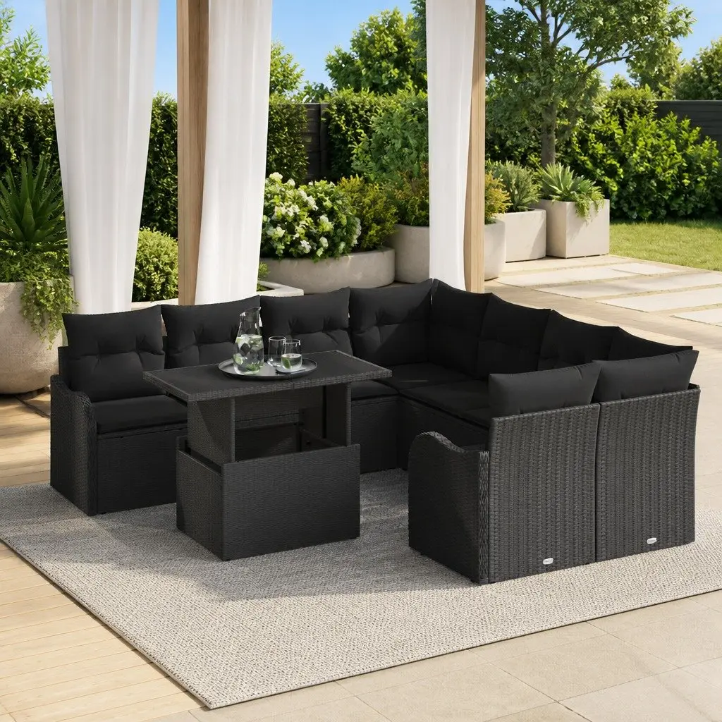 Garden Sofa Set Modular Outdoor Furniture 9 Piece Black Poly