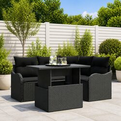 Outdoor Dining Set 5 Piece Black Poly Rattan Rectangular Table Chair Cushion