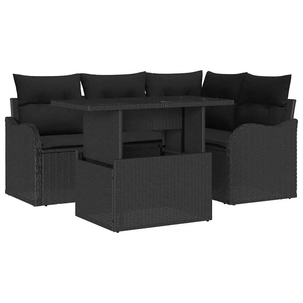 Outdoor Dining Set Modern Rectangular 5 Piece Black Poly Rattan Table Chair Cushion