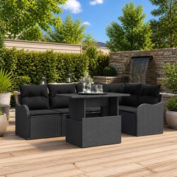Outdoor Dining Set 6 Seater Black Poly Rattan Garden Furniture with Cushions