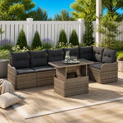 Outdoor Sofa Set 7 Piece Grey Poly Rattan Modular Garden Patio Furniture with