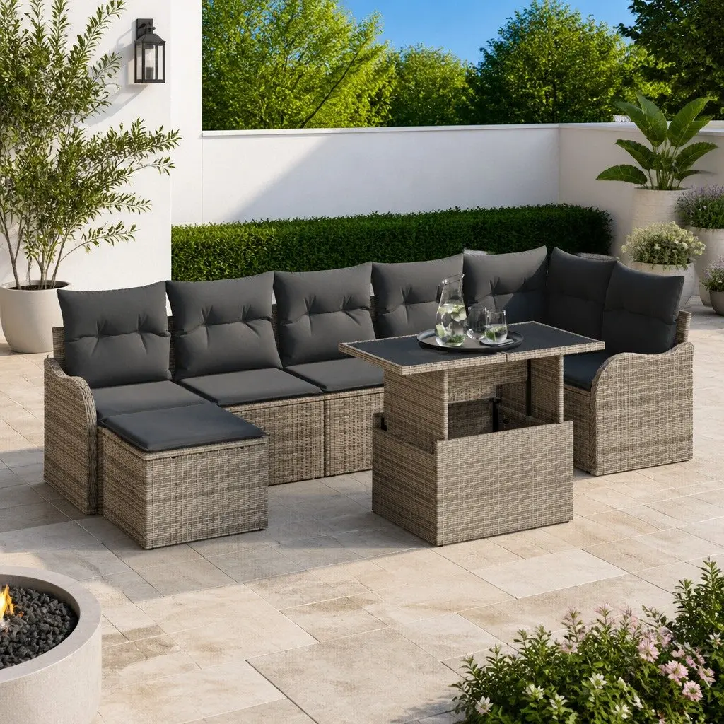 Modular Outdoor Sofa Set Grey Poly Rattan 8 Piece Flexible Garden Seating