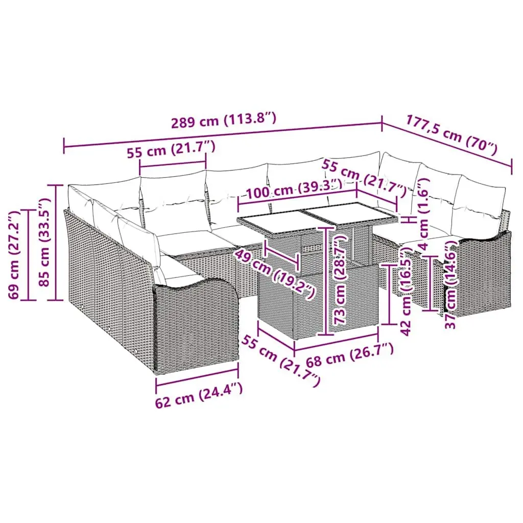 Modular Garden Sofa Set Grey Poly Rattan 10 Piece Outdoor Furniture