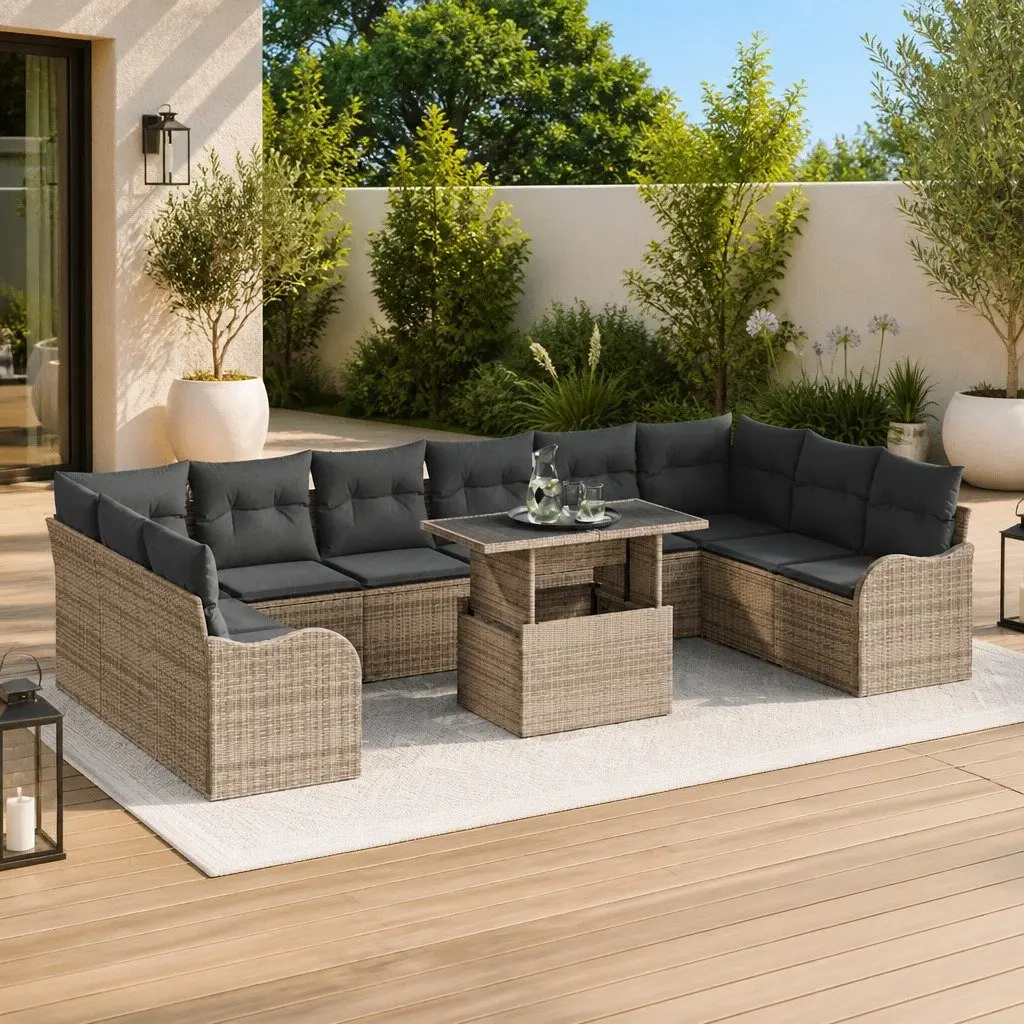 Modular 11 Piece Outdoor Garden Sofa Set Grey Poly Rattan Sectional with Adjustable Table and Cushions