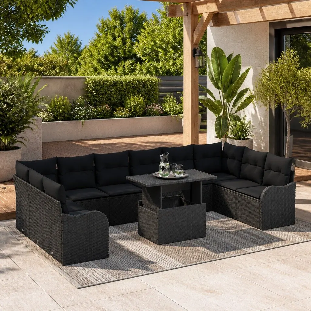 Modular Garden Sofa Set Black Poly Rattan 11 Piece Outdoor Patio Furniture