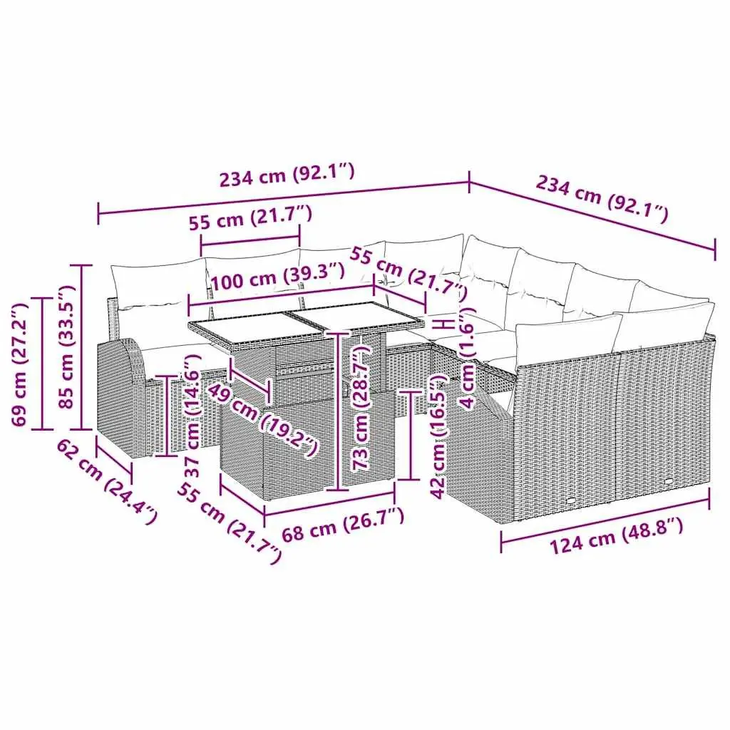9 Piece Modular Outdoor Garden Sofa Set Black Poly Rattan with Integrated Storage Compartment and Rectangular Table