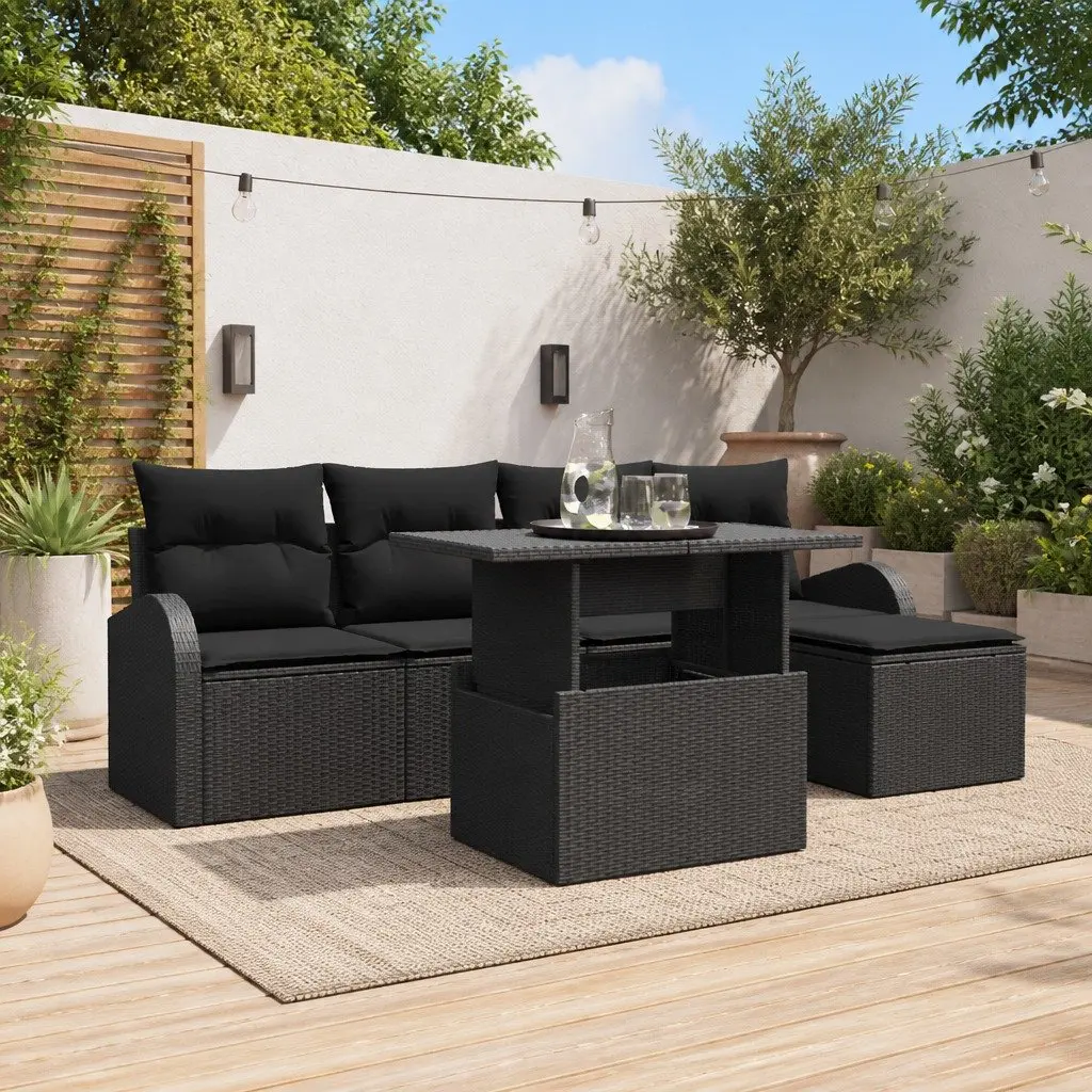 Garden Sofa Set Modular Black Poly Rattan with Cushions 6 Piece