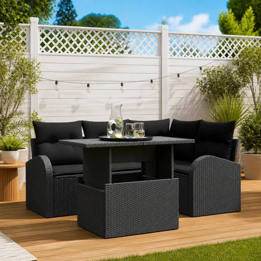 Modular Black Poly Rattan Outdoor Furniture Sofa Set 5 Piece Garden Seating