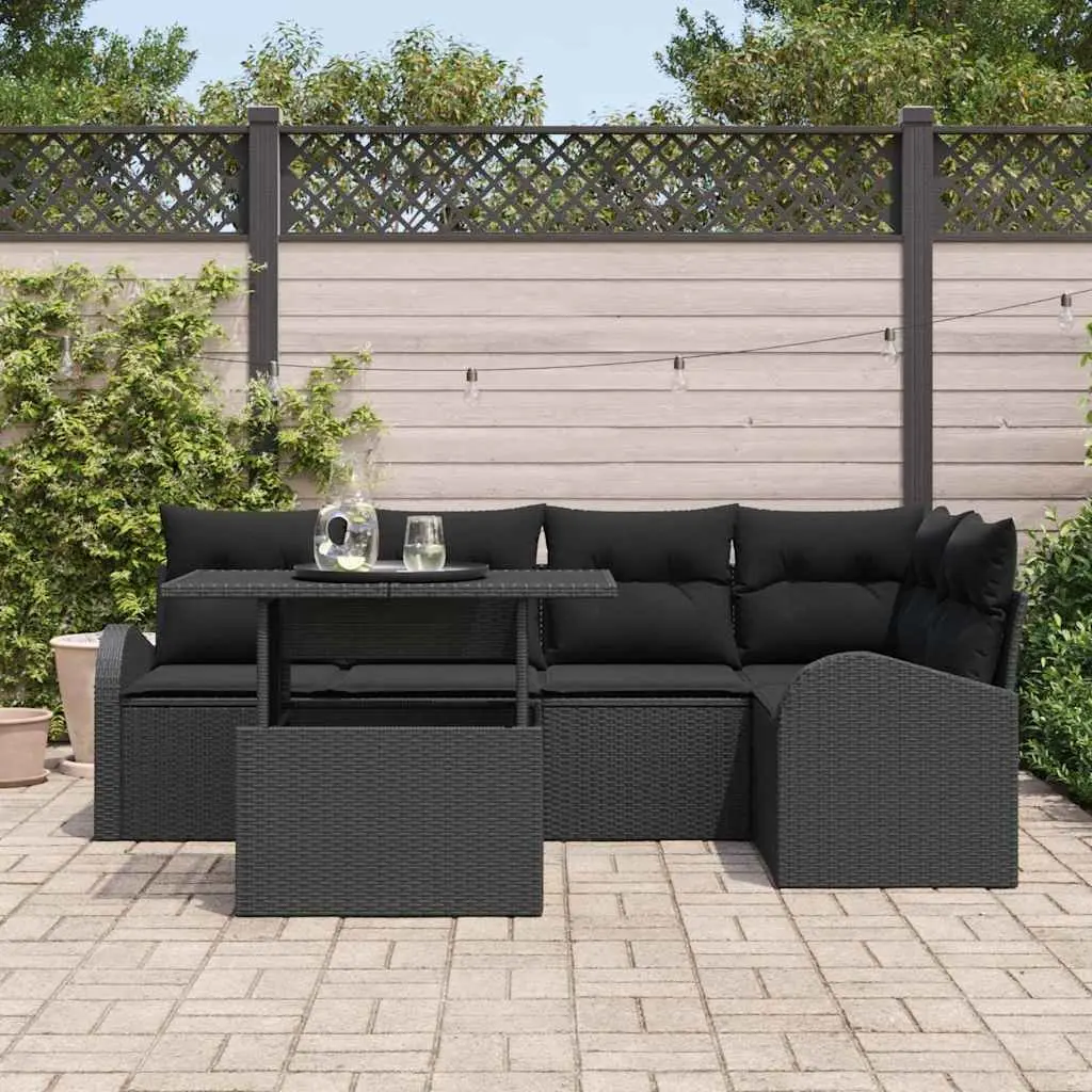Modular Outdoor Garden Sofa Set 6 Piece Black Poly Rattan with Cushions