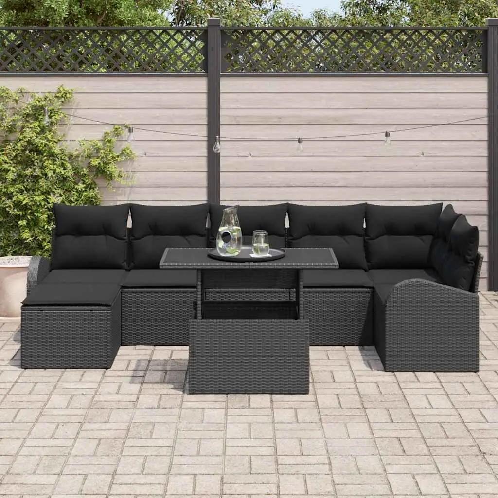 Modular Garden Sofa Set 8 Pieces Black Outdoor Seating Poly Rattan Cushion