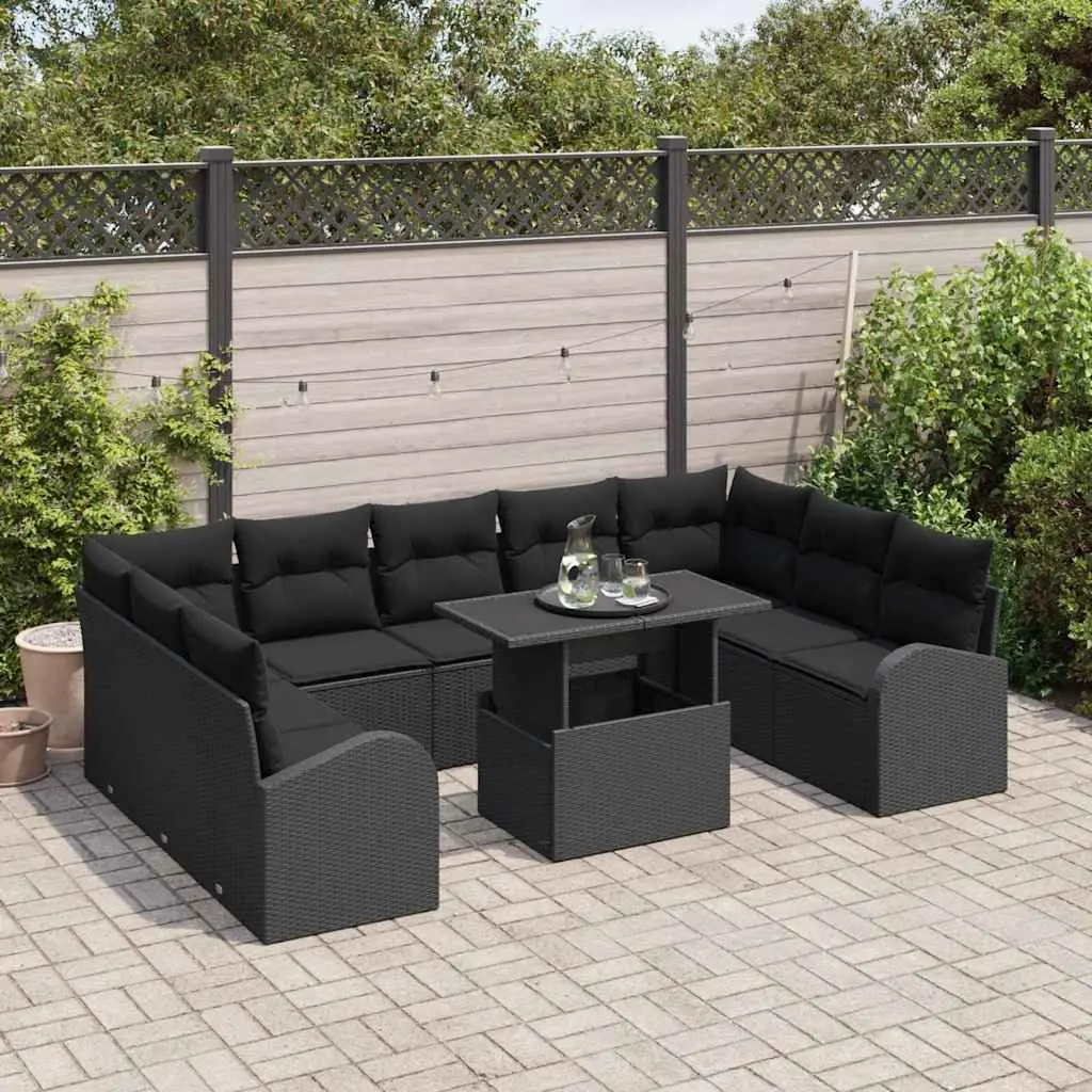 Outdoor Garden Sofa Set Modular Black Poly Rattan 10 Piece with Storage Cushions
