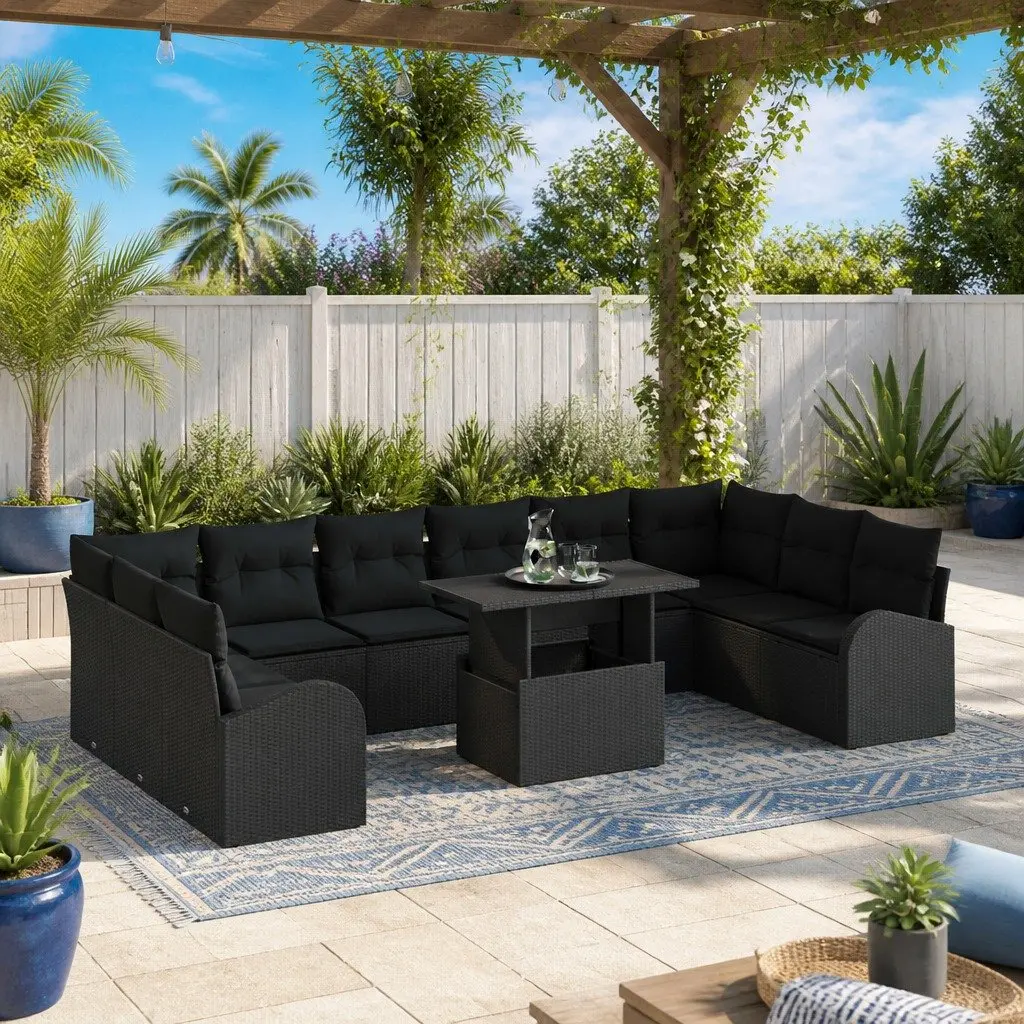 Modular Garden Sofa Set Black Poly Rattan 11 Pieces with Storage Space