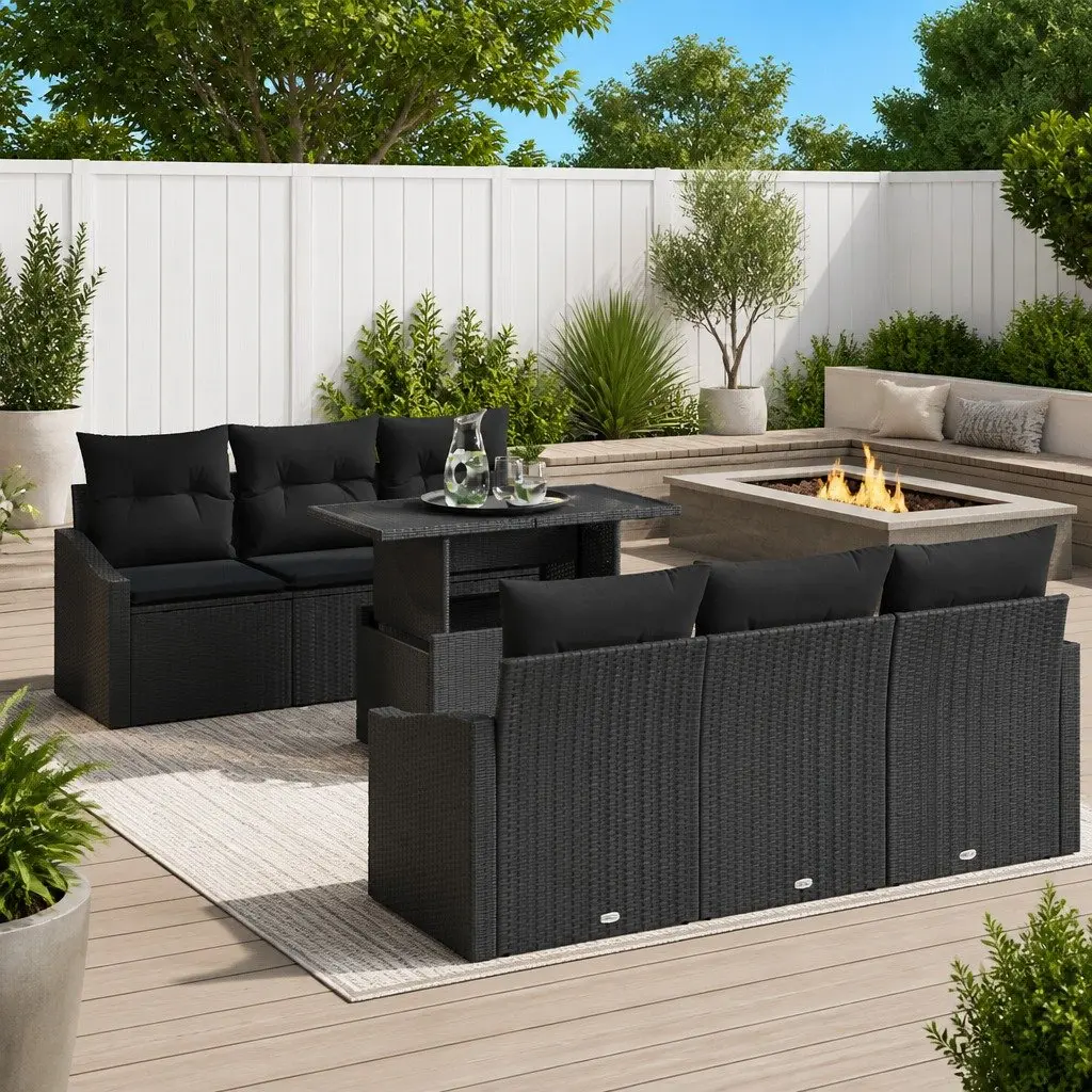 Modular Outdoor Garden Sofa Set 7 Piece Black Poly Rattan with Storage