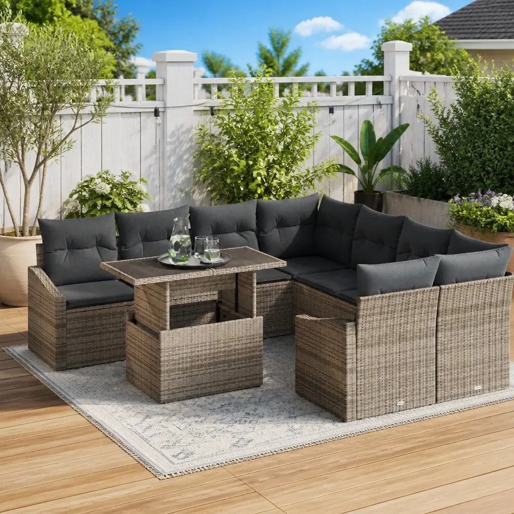 9PieceOutdoorSeatingSetModularGreyPolyRattanCushions