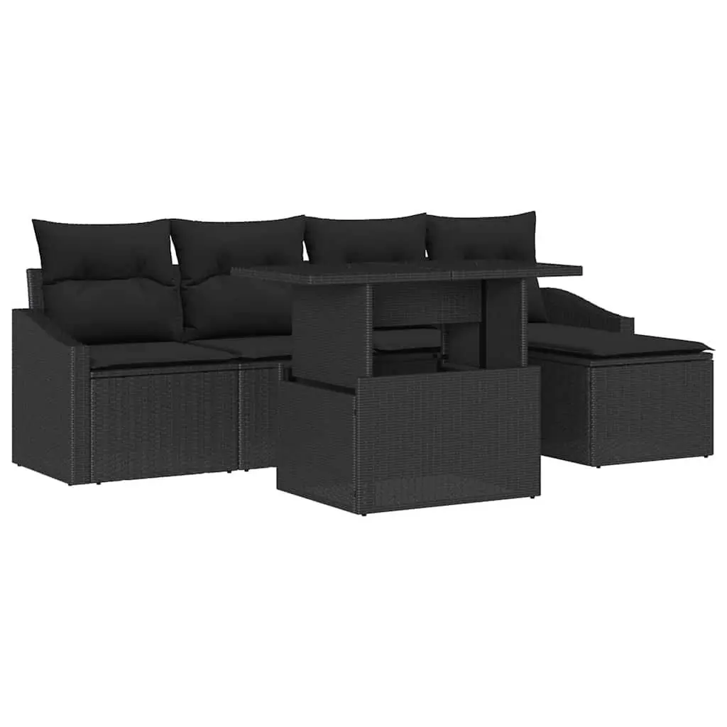 Modular Outdoor Garden Sofa Set 6 Piece Black with Cushions and Glass Table