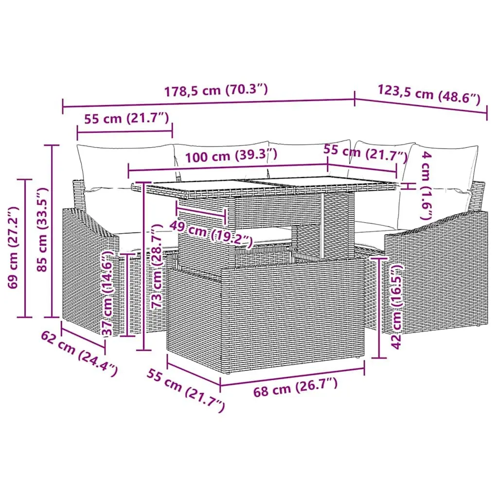 Outdoor Garden Sofa Set 5 Piece Modular Rattan Furniture Grey with Cushion