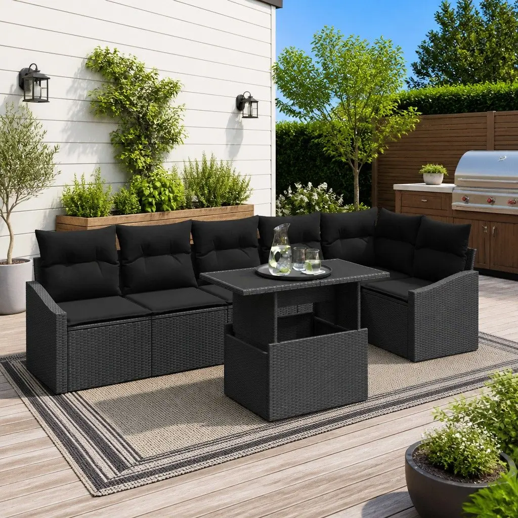 Modular Outdoor Garden Sofa Set 7 Piece Black Poly Rattan with Cushions