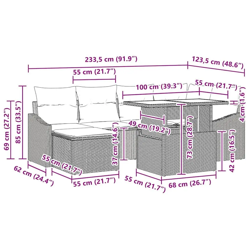 Modular Garden Sofa Set 7pcs Outdoor Seating Grey Poly Rattan Steel Patio