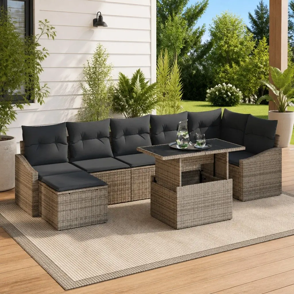 Garden Sofa Set Modular 8 Pieces Grey Poly Rattan Outdoor Seating with Cushions