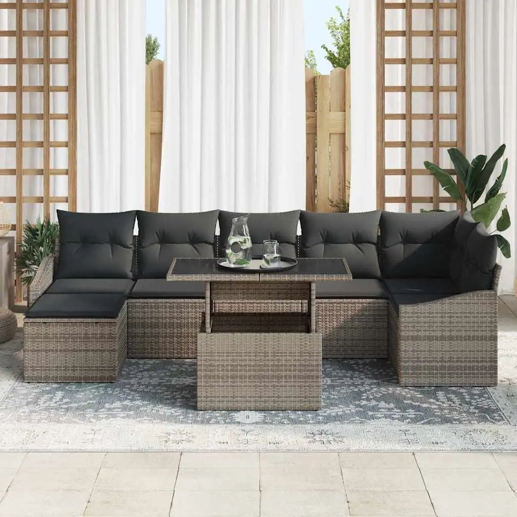 Garden Sofa Set Modular 8 Pieces Grey Poly Rattan Outdoor Seating with Cushions