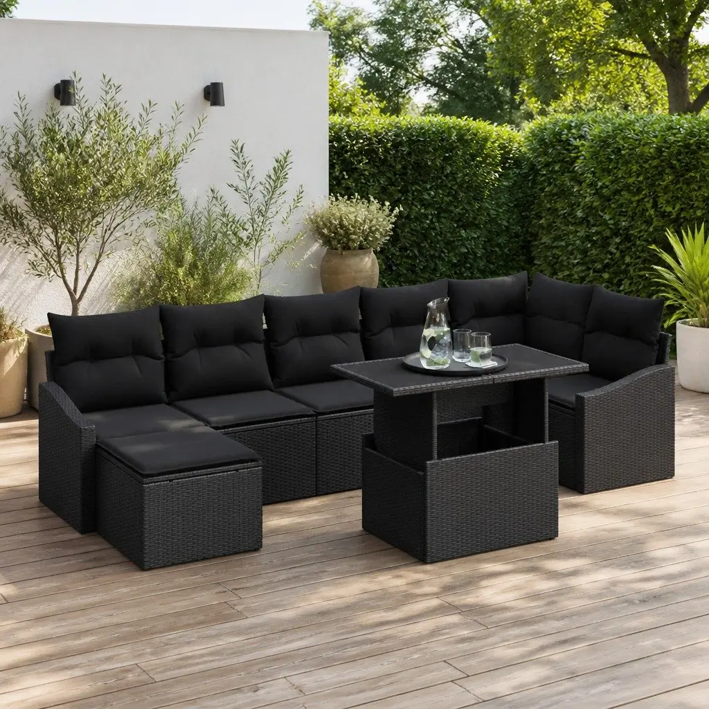 Outdoor Garden Sofa Set 8 Pieces Black Poly Rattan Modular Lounge Seating with