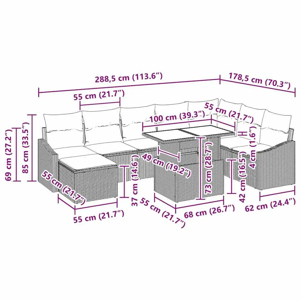 Outdoor Sofa Set Grey Poly Rattan 9 Pieces with Adjustable Height Table and Concealable Storage Compartments