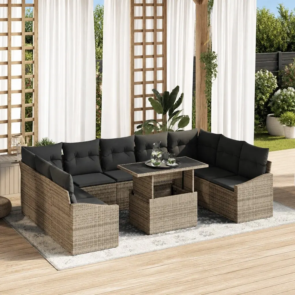 Outdoor Sofa Set Modular Grey Poly Rattan 10 Piece Garden Patio Furniture with Cushions