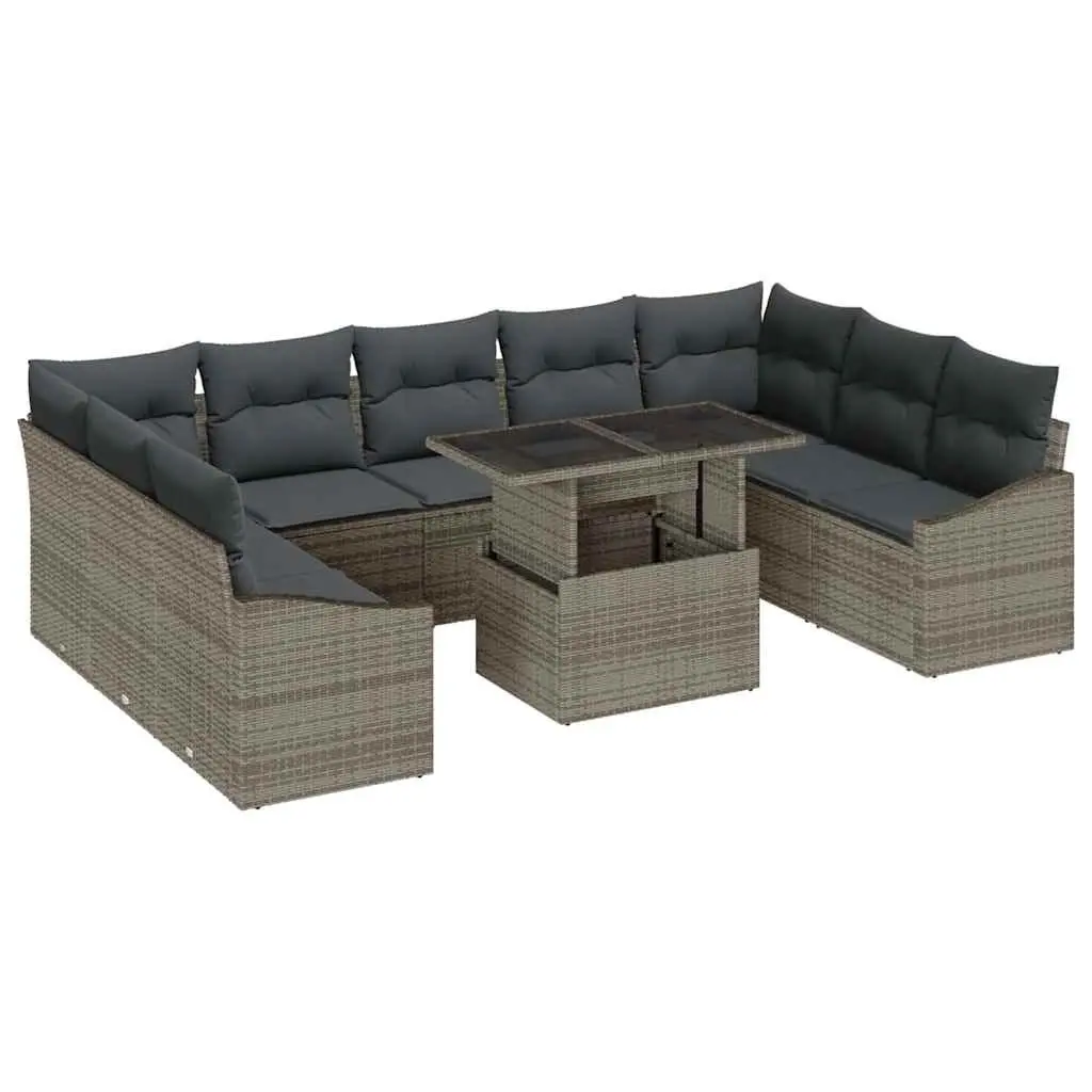 Outdoor Sofa Set Modular Grey Poly Rattan 10 Piece Garden Patio Furniture with Cushions