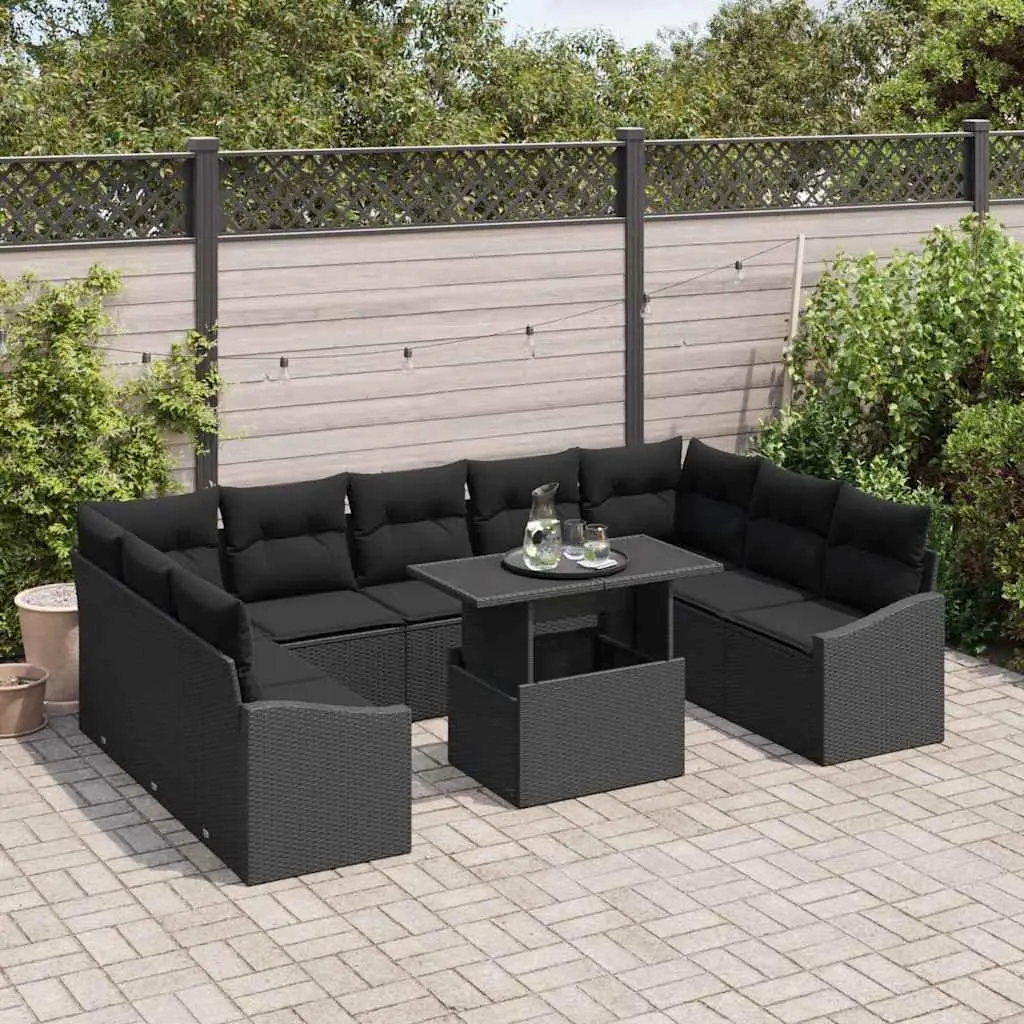 Outdoor Sofa Set Black Poly Rattan 10 Piece Garden Furniture Patio Seating
