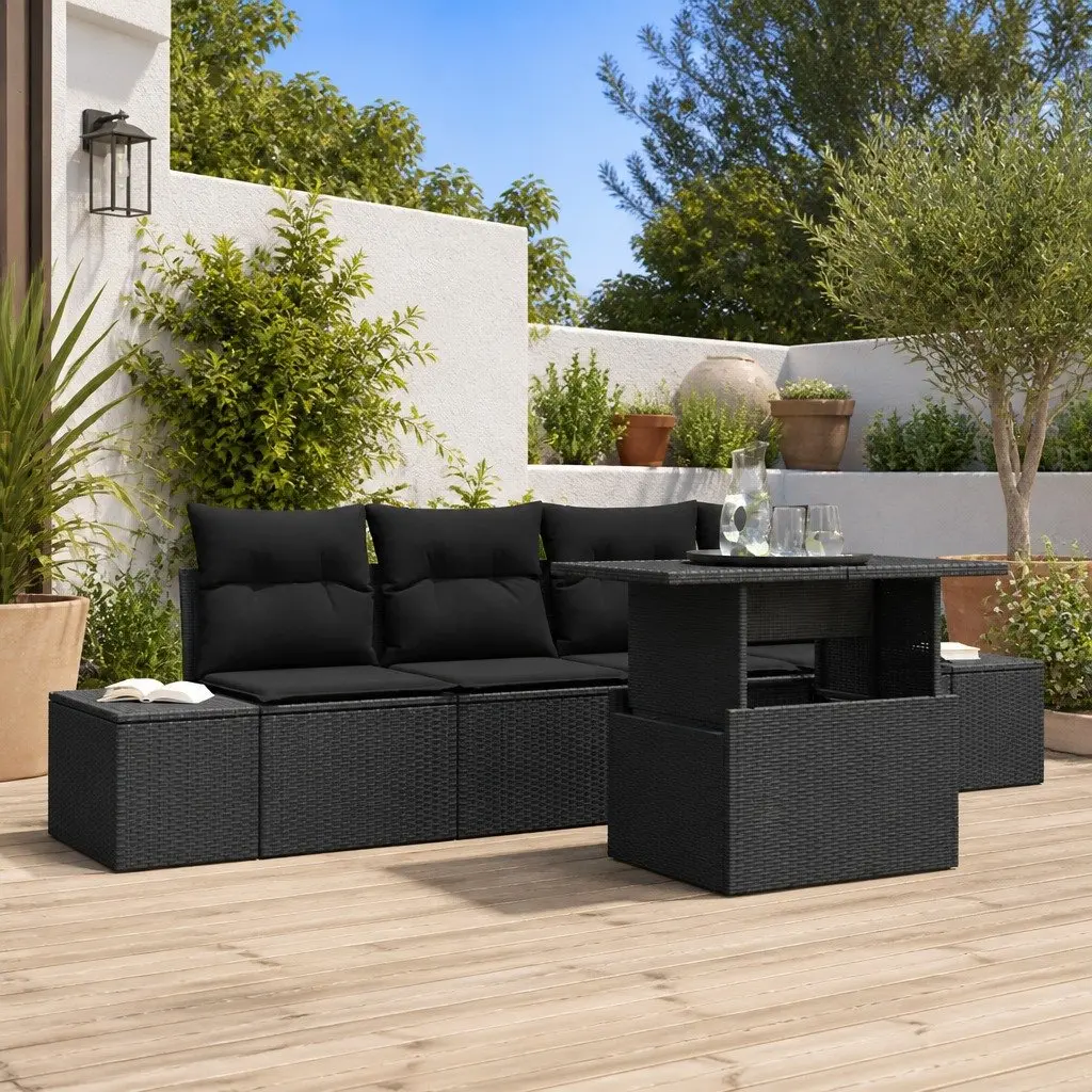 Outdoor Sofa Set 5 Piece Height Adjustable Garden Furniture Black Poly Rattan