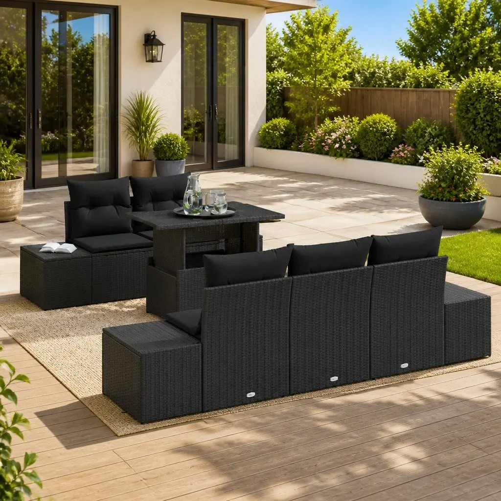 Outdoor Sofa Set 6 Pieces Modular Black Poly Rattan Garden Furniture Adjustable