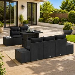 Outdoor Sofa Set 6 Pieces Modular Black Poly Rattan Garden Furniture Adjustable
