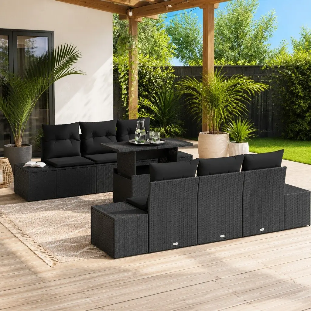 Modular Outdoor Sofa Set Black Poly Rattan 7 Pieces