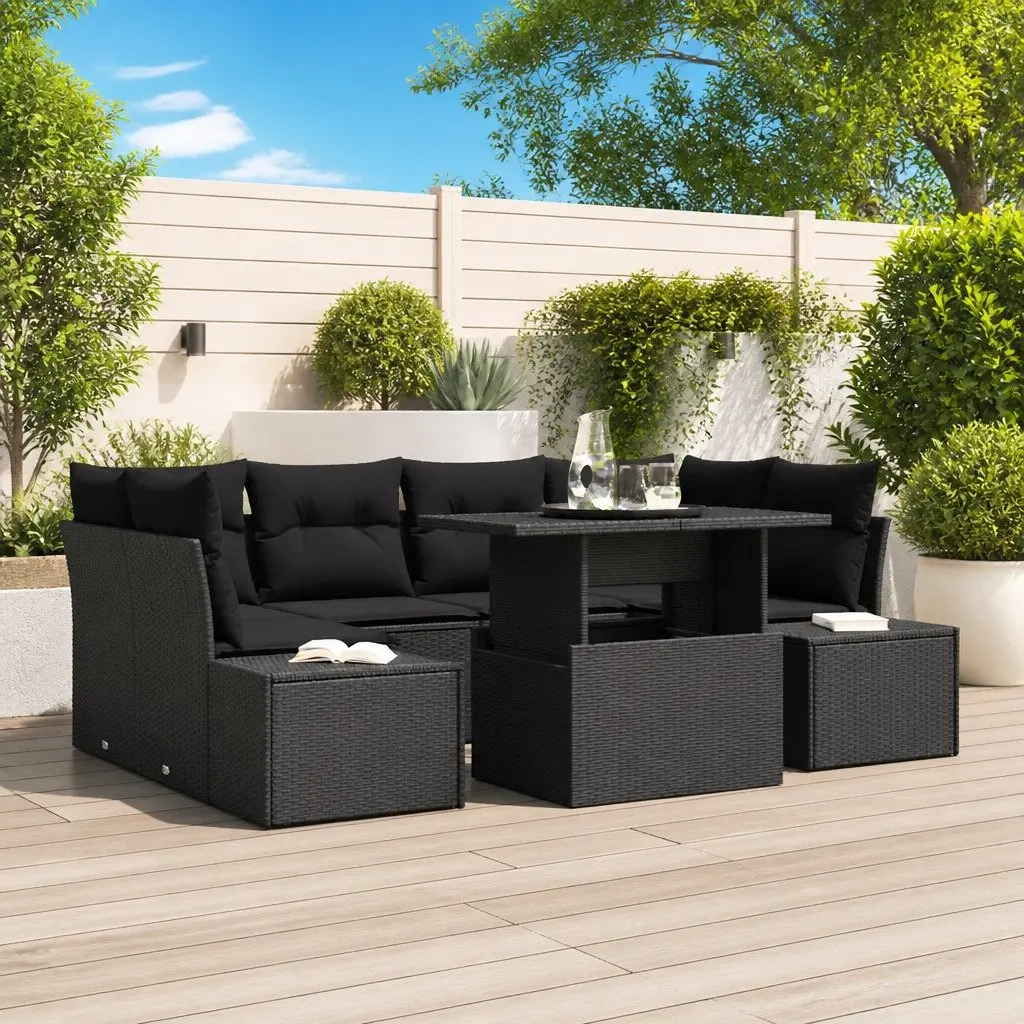Outdoor Sofa Set Modular Black Poly Rattan 7 Pieces