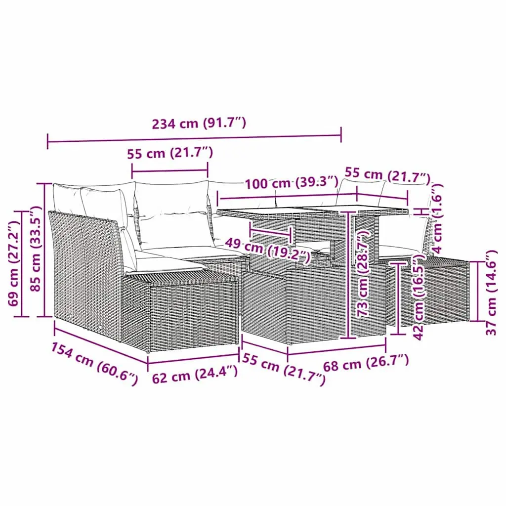 Outdoor Sofa Set Modular Black Poly Rattan 7 Pieces
