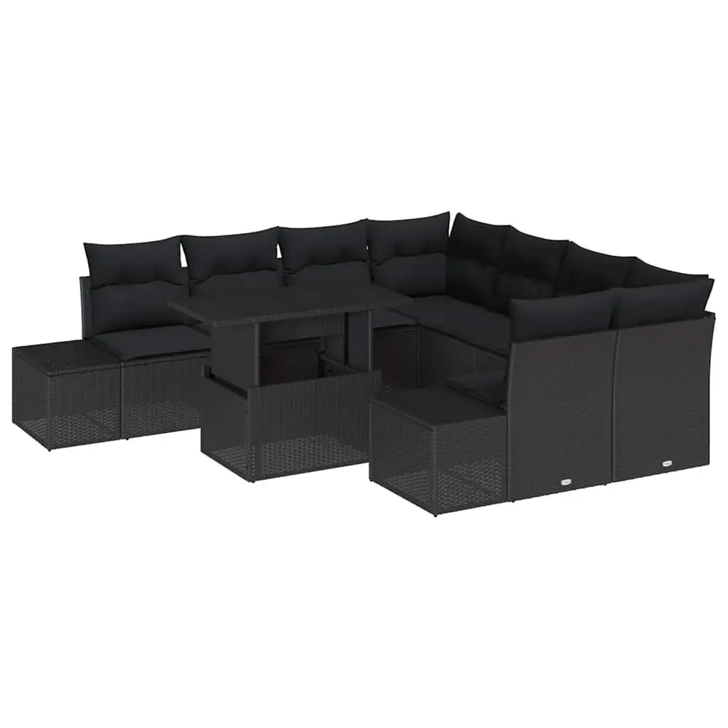 Modular Outdoor Garden Sofa Set 9 Pieces Black Poly Rattan Patio Seating with
