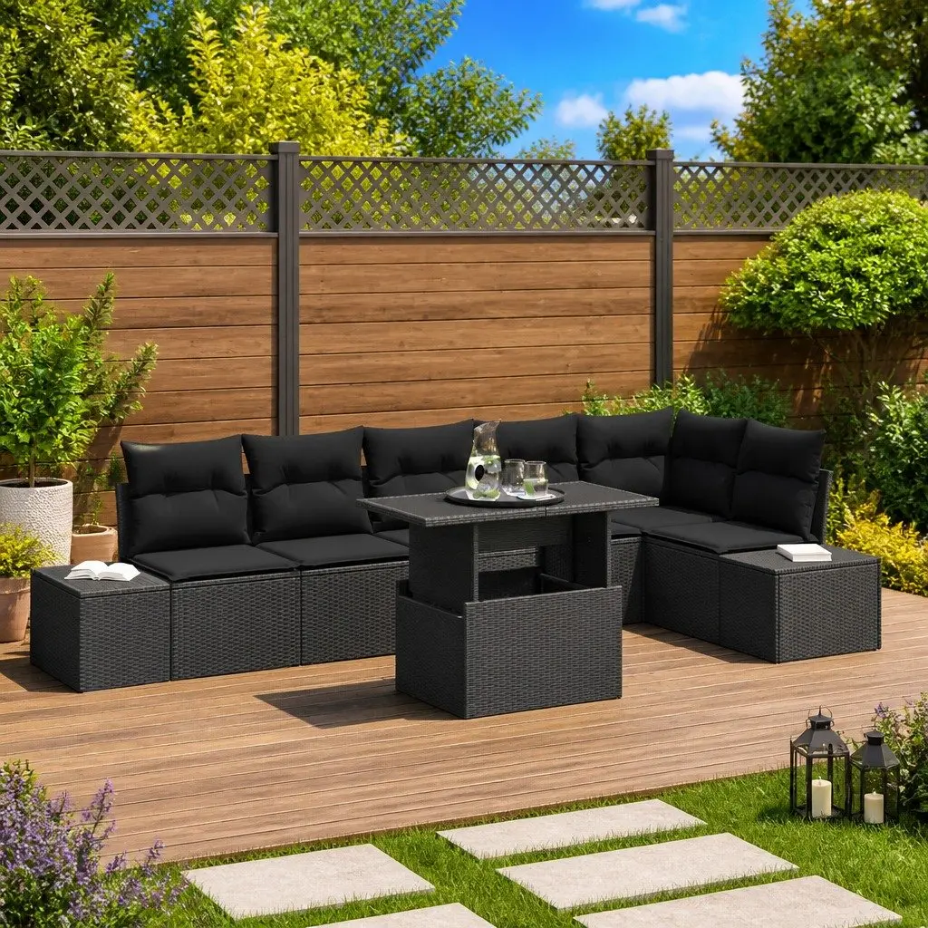 Modular Rattan Sofa Set 7 Pieces Outdoor Seating with Height Adjustable Table Black