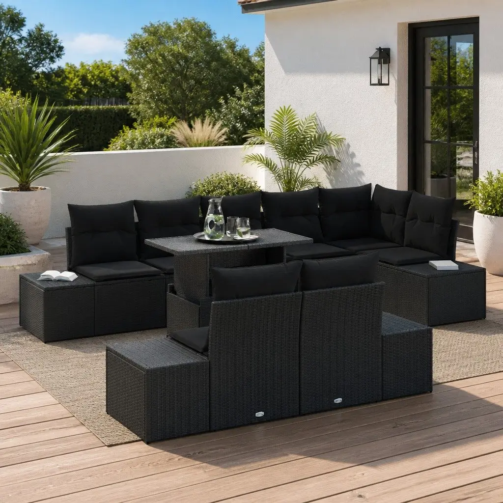Modular Garden Sofa Set Black Poly Rattan 9 Pieces Outdoor Seating