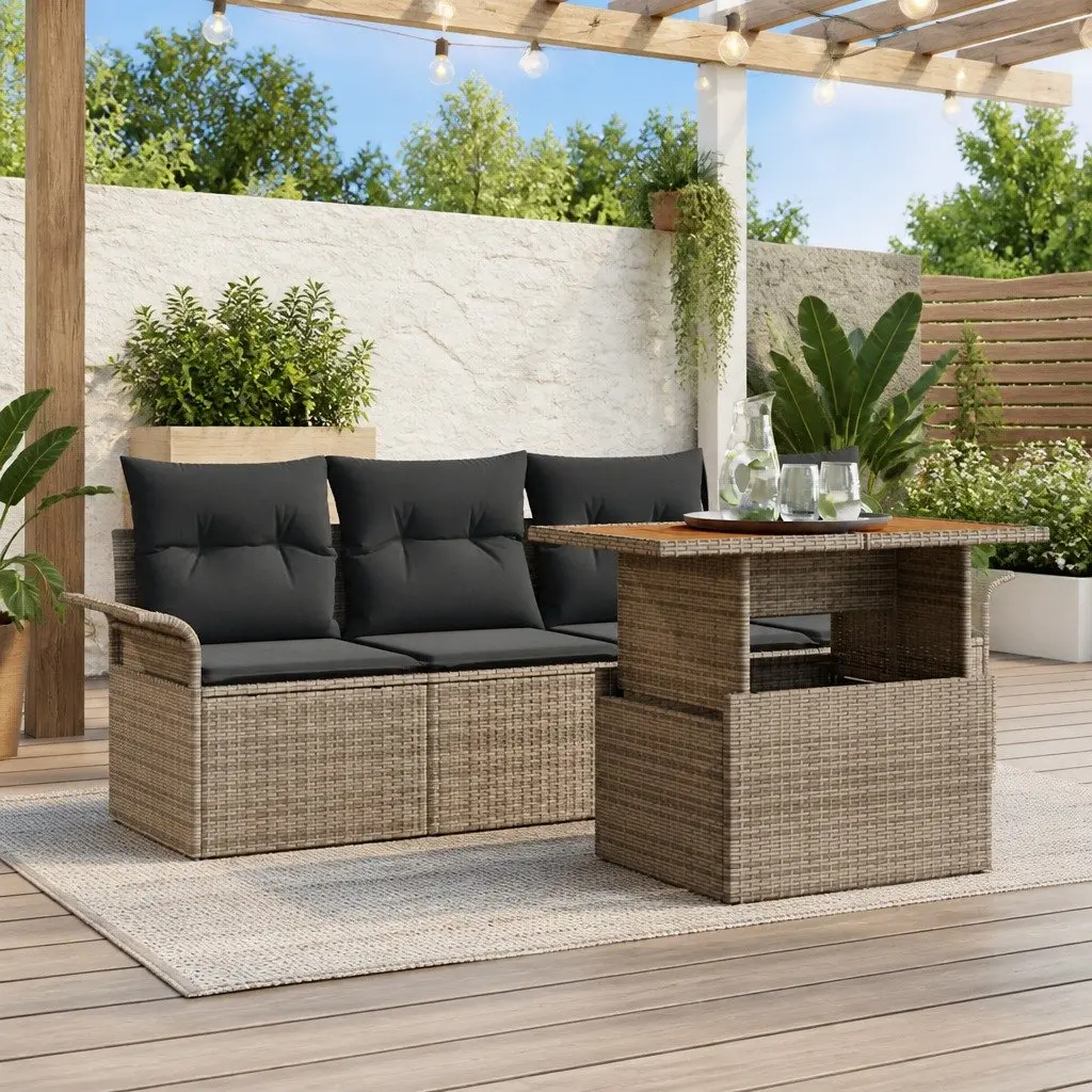 Modular Outdoor Garden Sofa Set 5 Piece Grey Rattan with Removable Cushions and Height Adjustable Tabletop