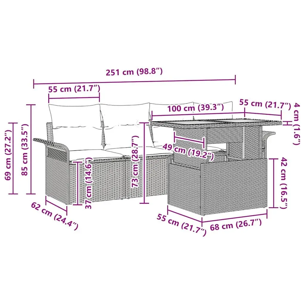 Modular Outdoor Garden Sofa Set 5 Piece Grey Rattan with Removable Cushions and Height Adjustable Tabletop