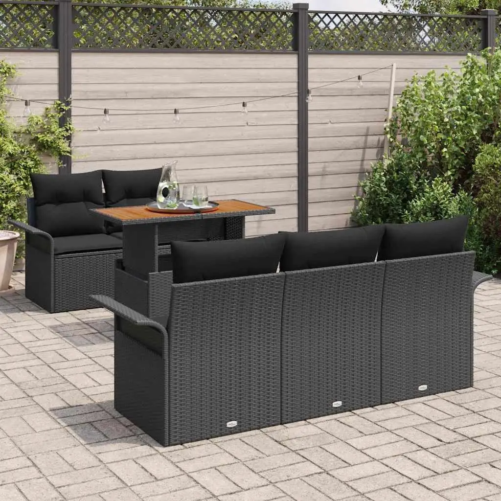 Modular Outdoor Sofa Set 6 Piece Black Poly Rattan Lounge with Acacia Wood Frame