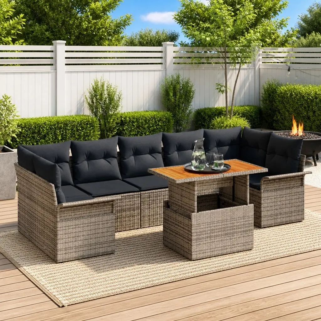Outdoor Sofa Set 8 Pieces Modern Grey Cushioned Poly Rattan with Acacia Wood Accents for Patio and Garden