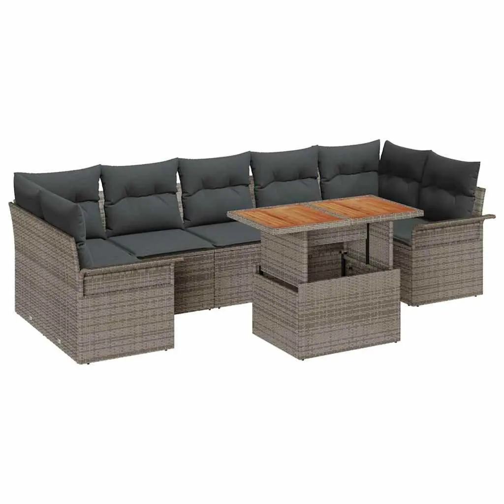 Outdoor Sofa Set 8 Pieces Modern Grey Cushioned Poly Rattan with Acacia Wood Accents for Patio and Garden