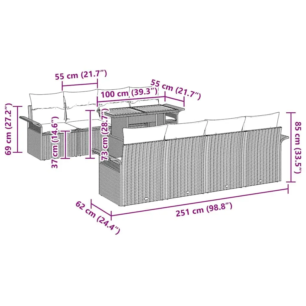 Outdoor Garden Sofa Set Modular 7 Piece Grey Patio Furniture with Height Adjustable Table