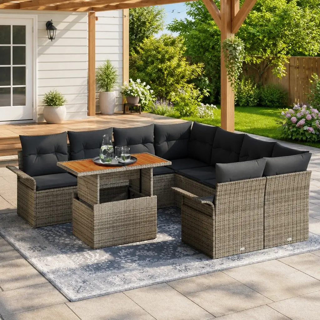 Garden Sofa Set Grey Poly Rattan Outdoor Seating with Cushions