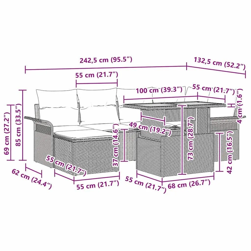 Outdoor Garden Sofa Set 7 Pieces Grey Modular Seating with Table Cushions