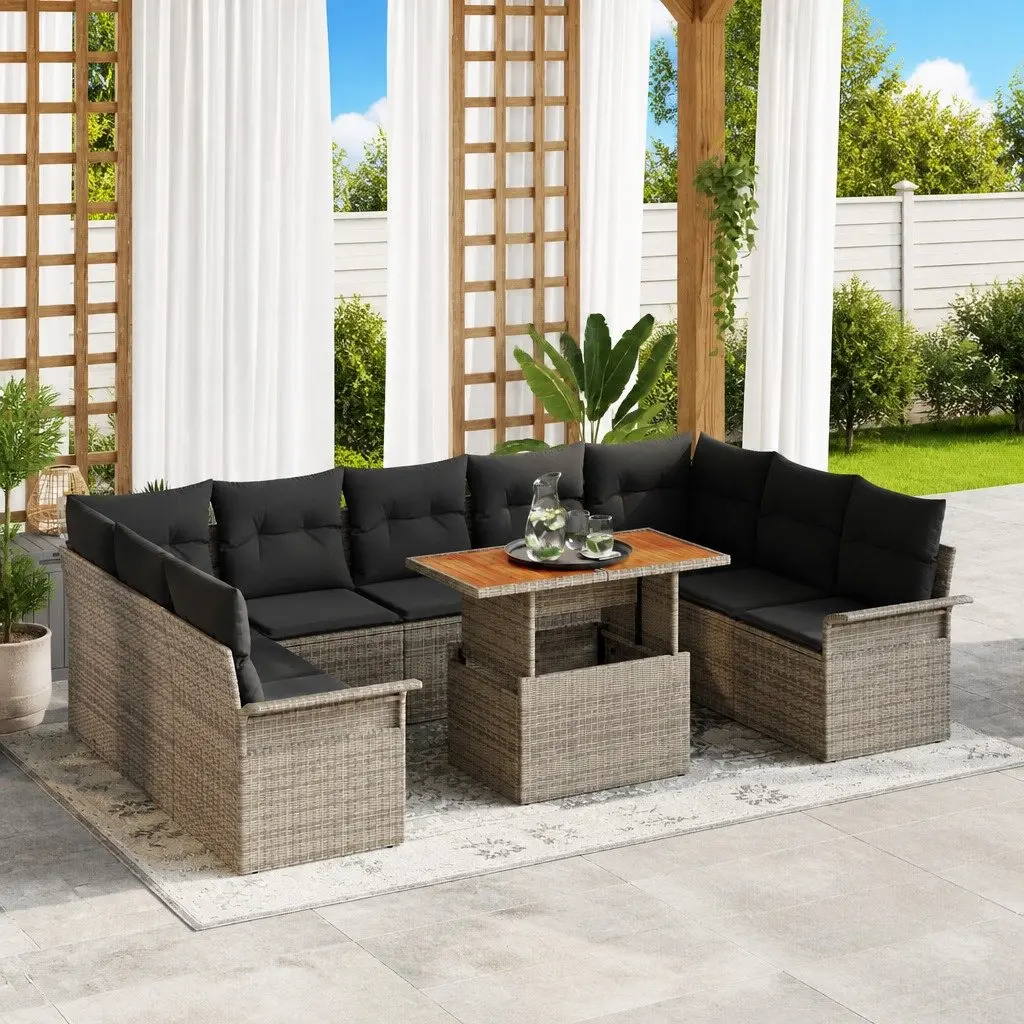 Garden Sofa Set Grey Outdoor Seating 10 Pieces Poly Rattan Steel Frame