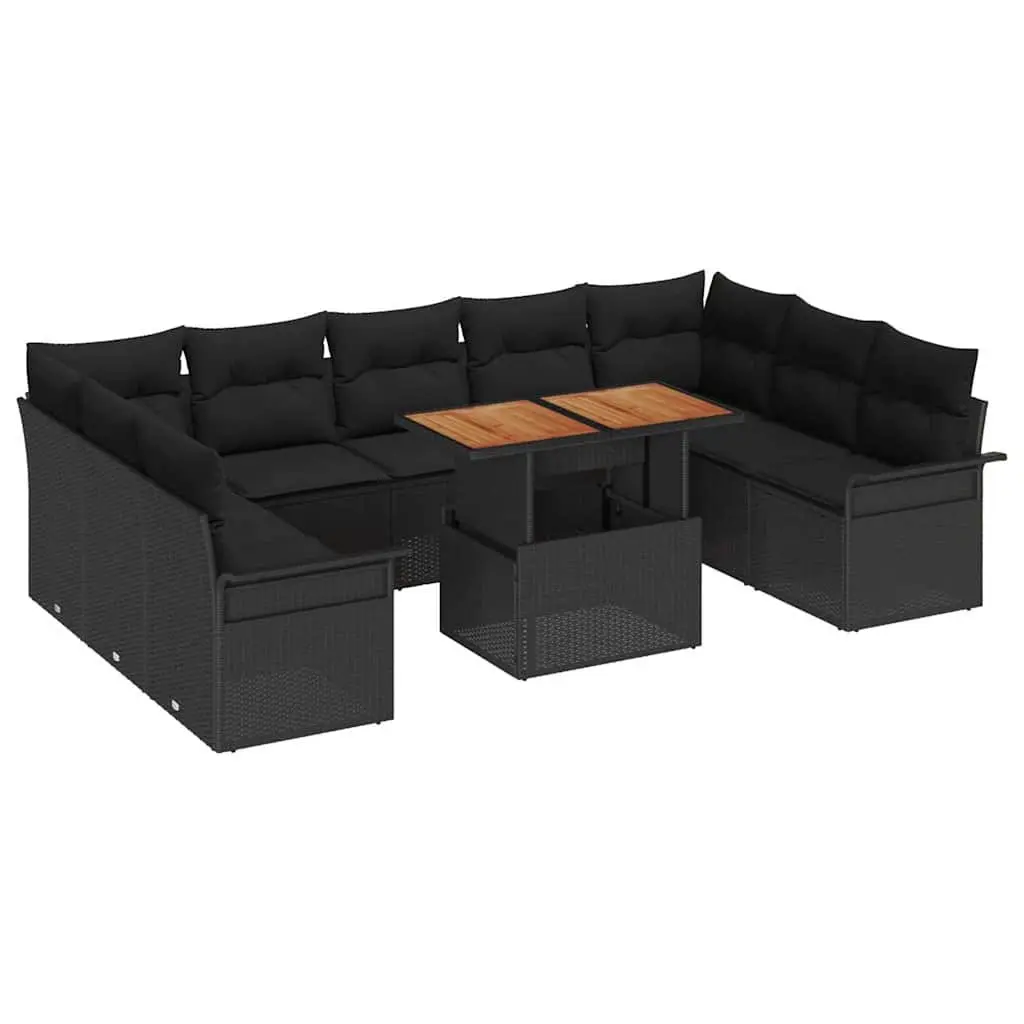Outdoor Sofa Set 10 Piece Black Rattan Weather Resistant Cushions Acacia Wood Table