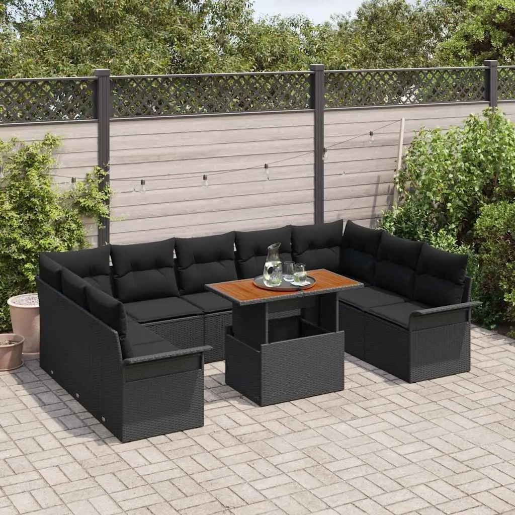 Outdoor Sofa Set 10 Piece Black Rattan Weather Resistant Cushions Acacia Wood Table