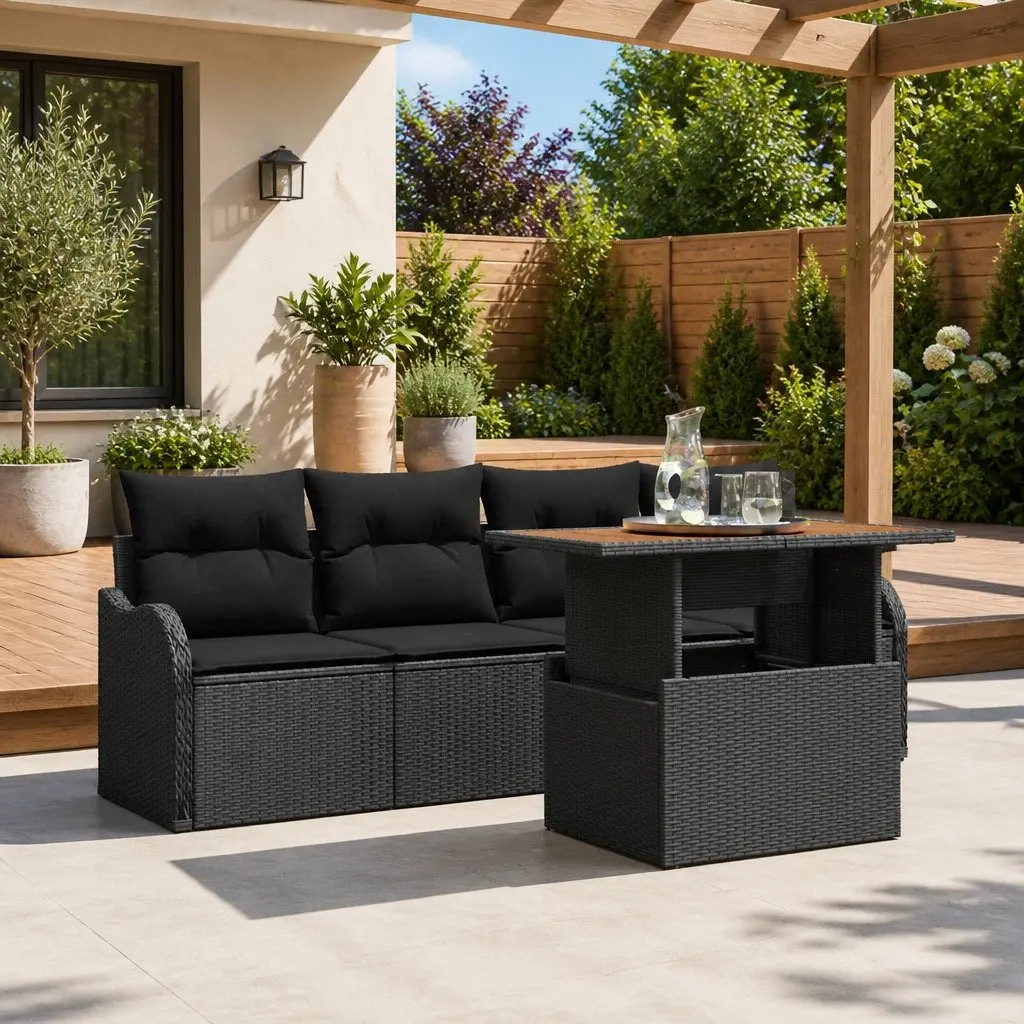 Modular Garden Sofa Set 5 Piece Black with Cushions and Height Adjustable Coffee Table